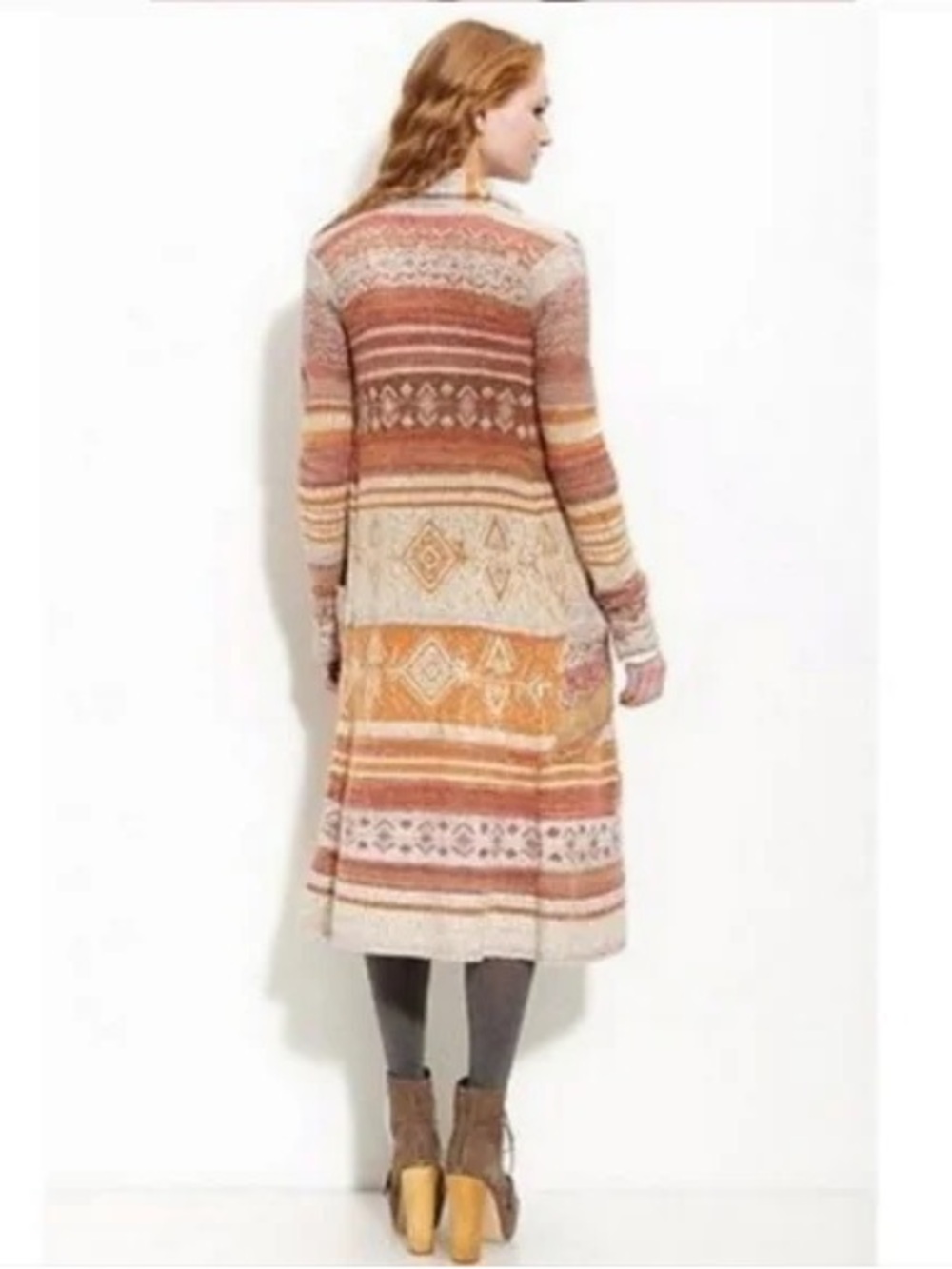 Free People Striped Open Maxi Cardigan Duster in Cream, Rust, Orange Wool Blend - Picture 5 of 12